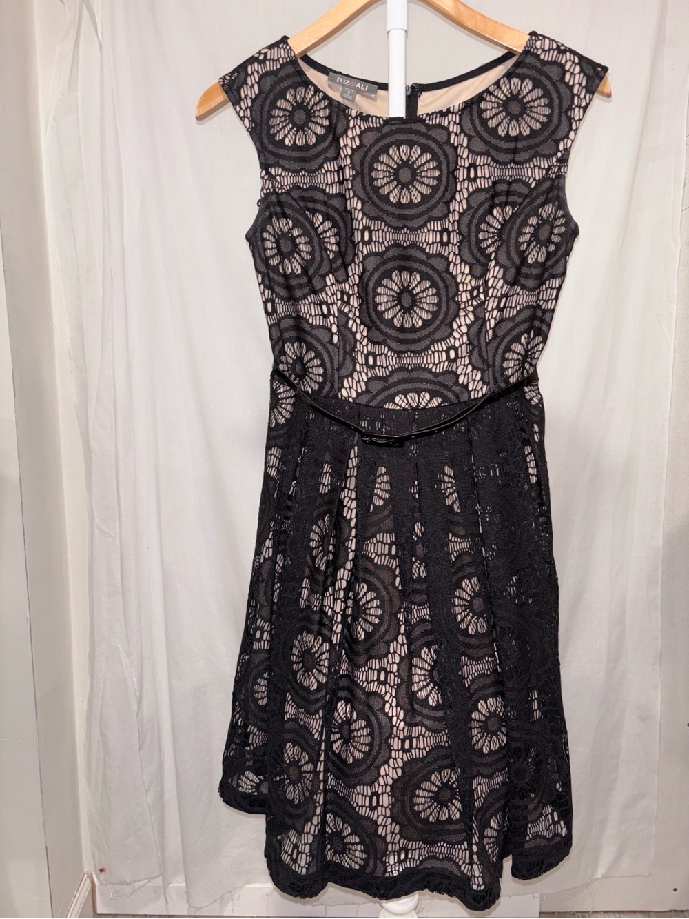 Roz & Ali Black Lace Fit-and-Flare Mini Dress with Nude Lining